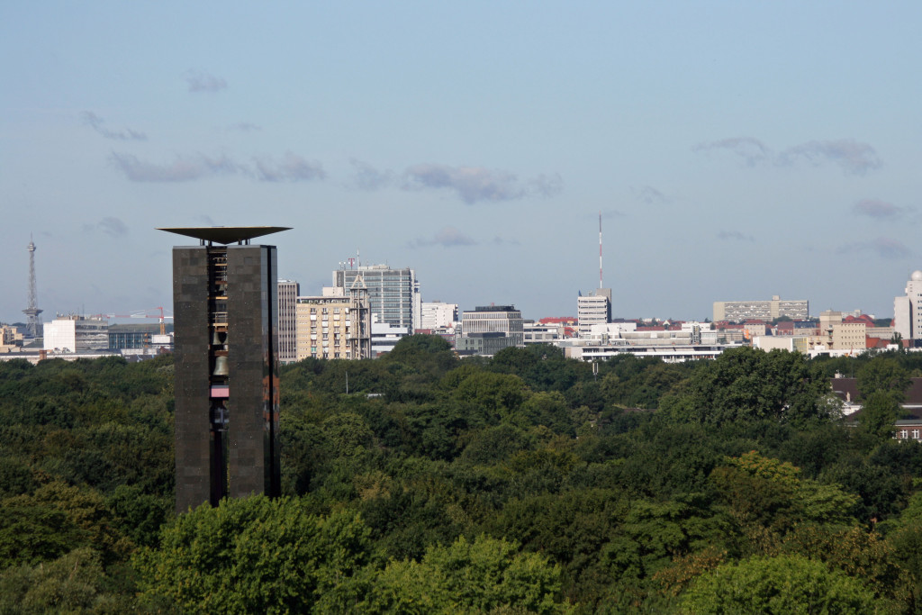 The Carillion and Tiergarten in the foreground and Funkturm (West Berlin’s TV Tower) in the background
