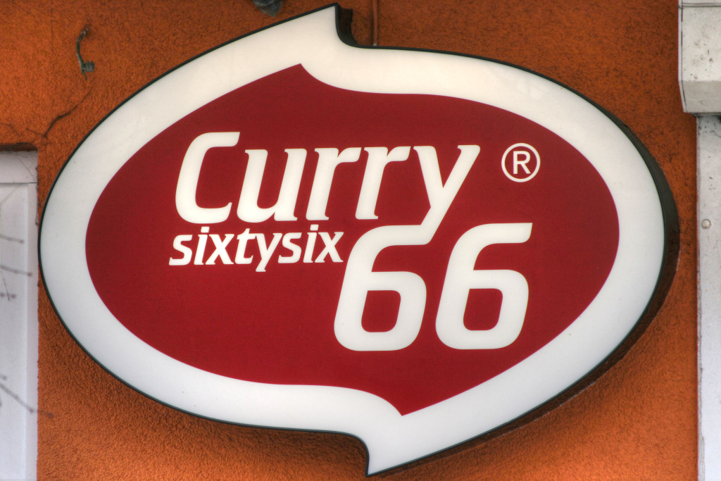 The sign for Curry 66 - a Currywurst Imbiss in Friedrichshain, Berlin
