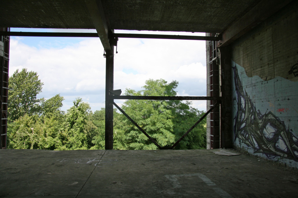 An opening in the wall of the main building of the NSA Listening Station at Teufelsberg leads to a sheer drop