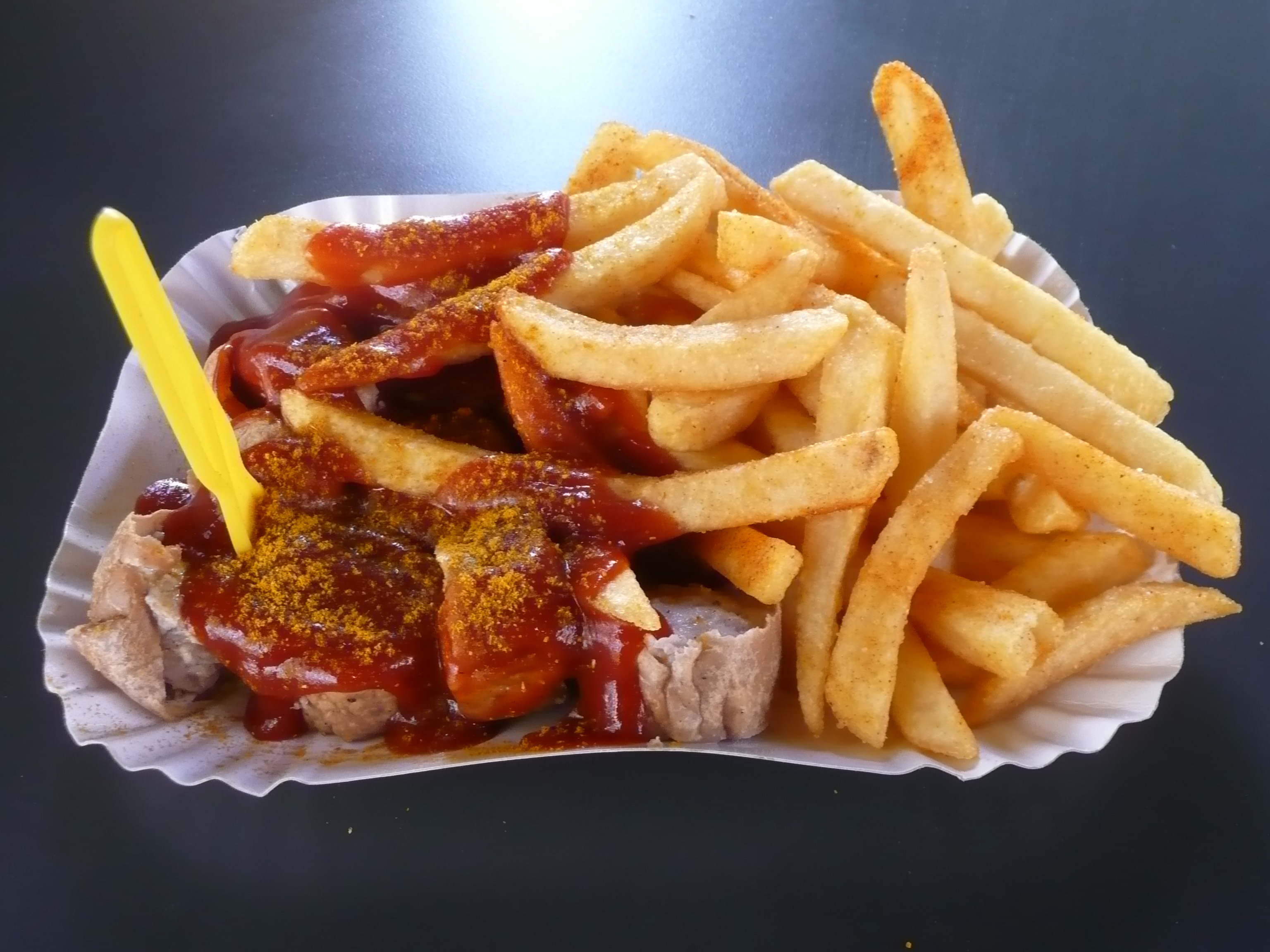 Image result for berlin Currywurst mit Pommes at Curry 36 or Konnopkes Imbiss"