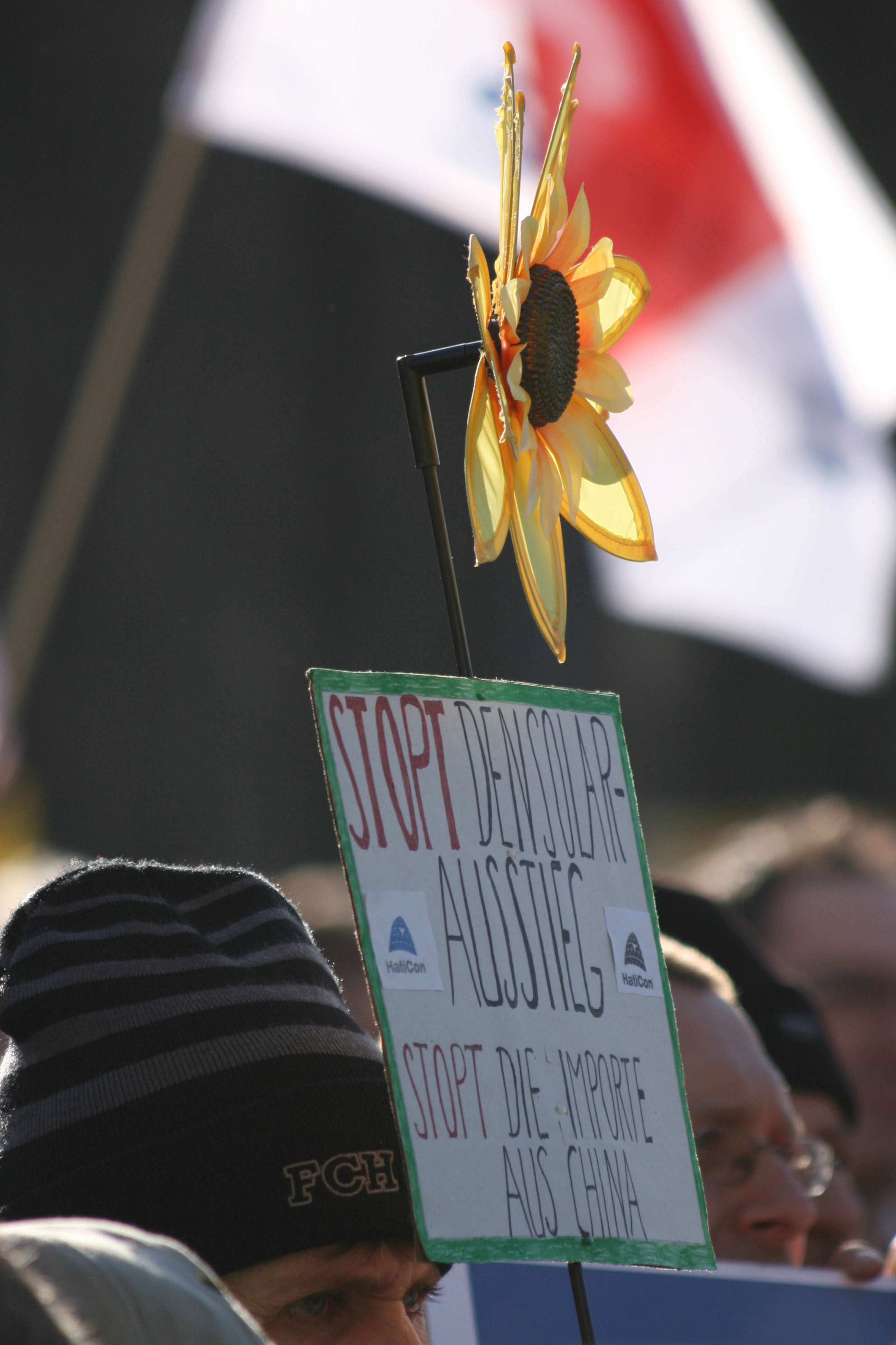 Sunflower - A protester near the Brandenburg Gate (Brandenburger Tor) in Berlin during a demonstration over cuts in Solar Power subsidies