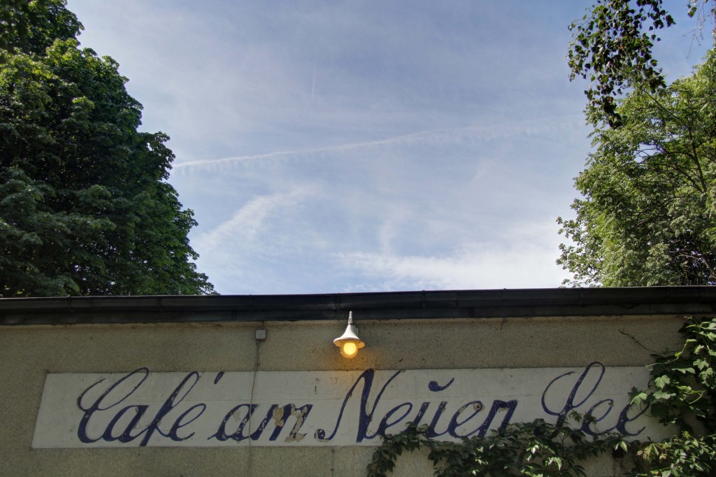 The sign of Café am Neuen See in the Tiergarten in Berlin