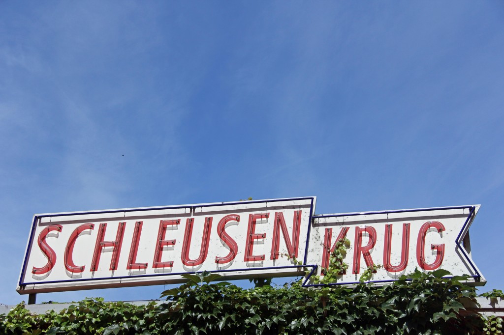 The sign of Schleusenkrug, a Biergarten in the Tiergarten in Berlin