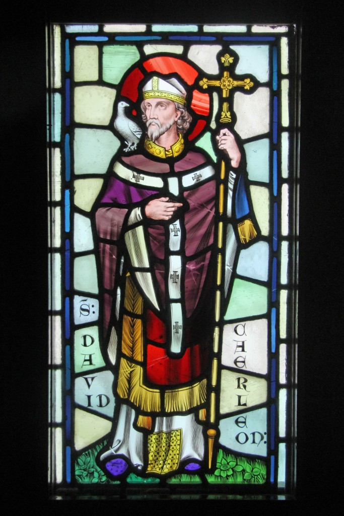 A stained glass panel depicting St David at Castell Coch (Red Castle) near Cardiff