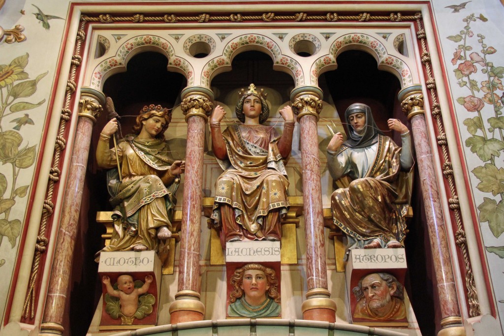 The Three Fates above the fireplace in The Drawing Room at Castell Coch (Red Castle) near Cardiff