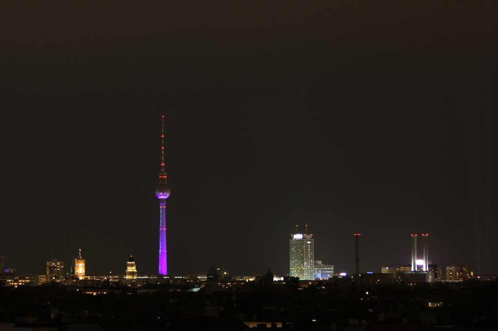 The Berlin skyline at night from the roof of the parking garage of the Neukölln Arcaden