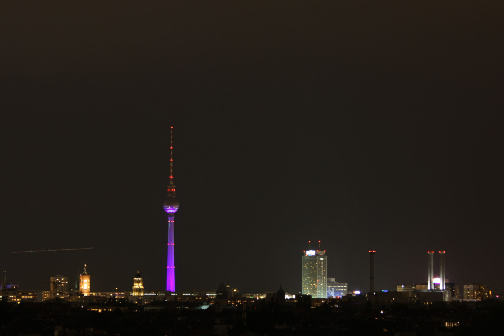 The Berlin skyline at night from the roof of the parking garage of the Neukölln Arcaden
