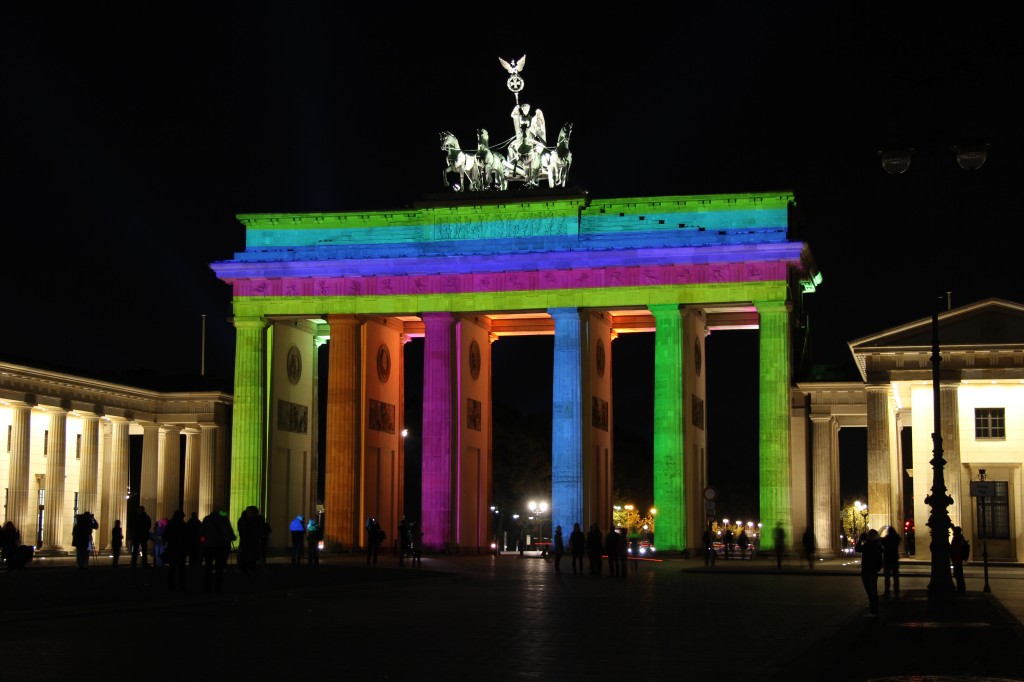 Brandenburger Tor (The Brandenburg Gate) lit up in many colours during the Festival of Lights in Berlin