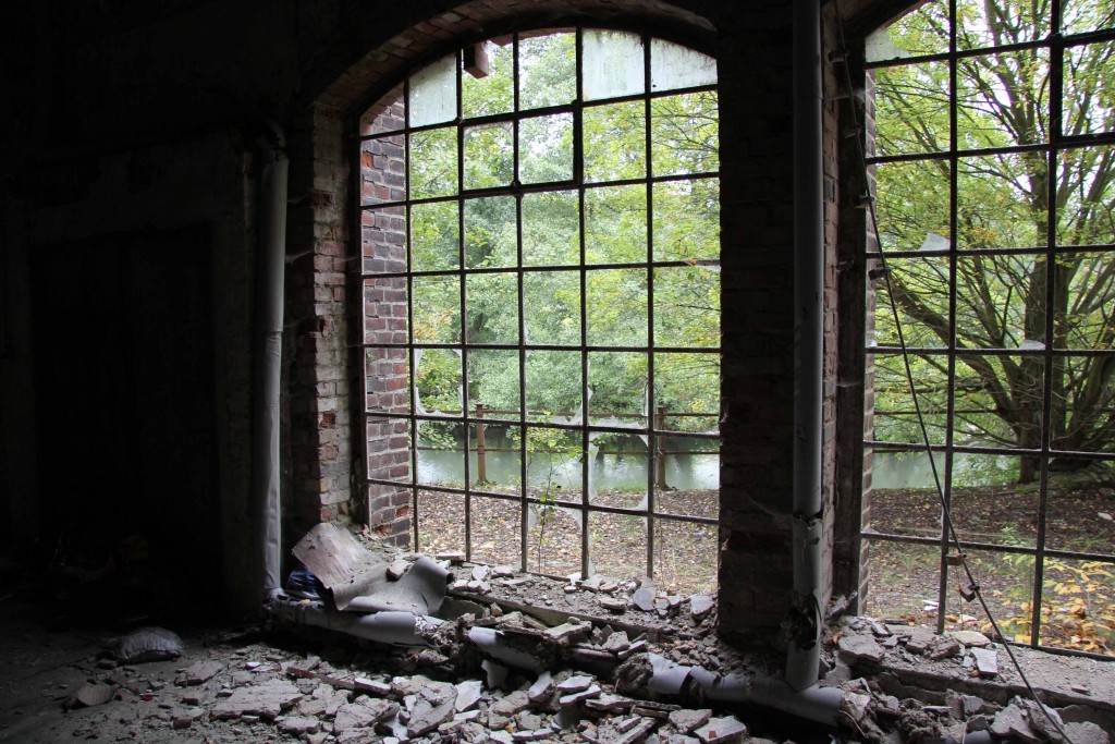 Looking out on the river at Papierfabrik Wolfswinkel, an abandoned paper mill near Berlin