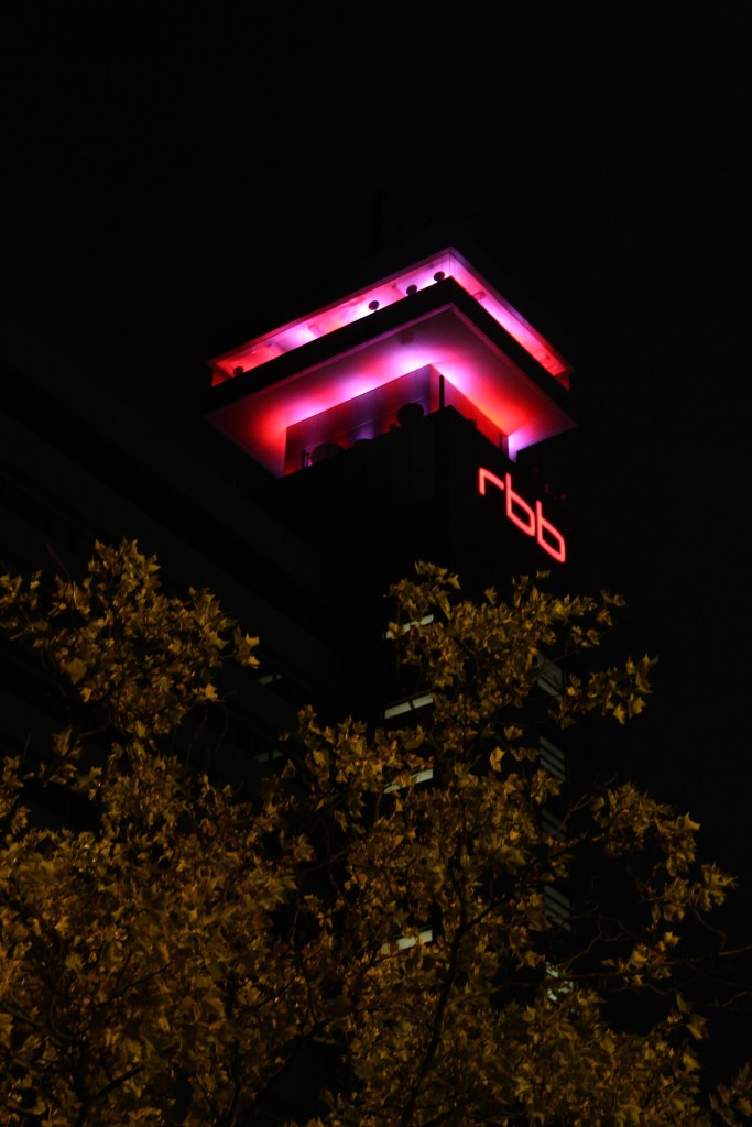 The roof terrace of the RBB (Rundfunk Berlin Brandenburg) building lit up during the Berlin Festival of Lights