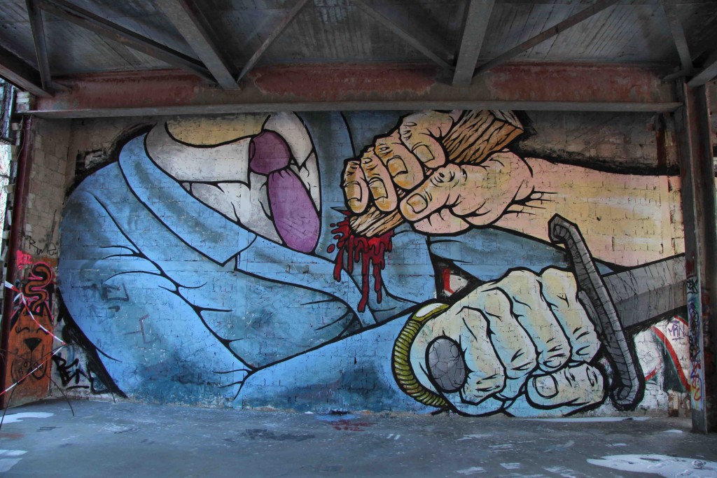 Detail from Fight To The Death - Street Art by ALANIZ (painted for Artbase 2012) at the former NSA Listening Station at Teufelsberg Berlin