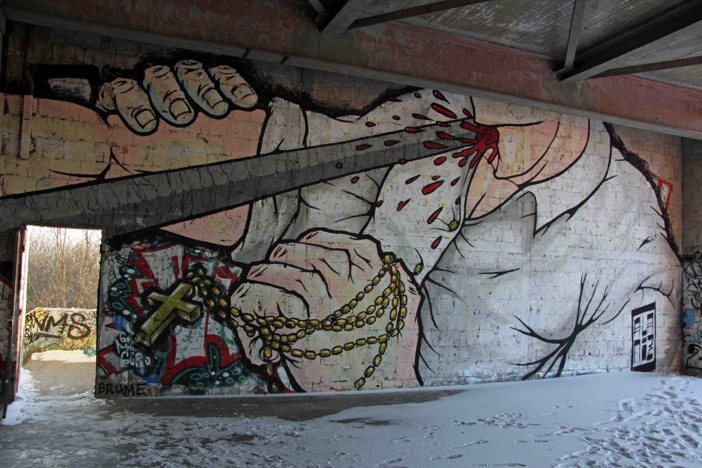 Detail from Fight To The Death - Street Art by ALANIZ (painted for Artbase 2012) at the former NSA Listening Station at Teufelsberg Berlin