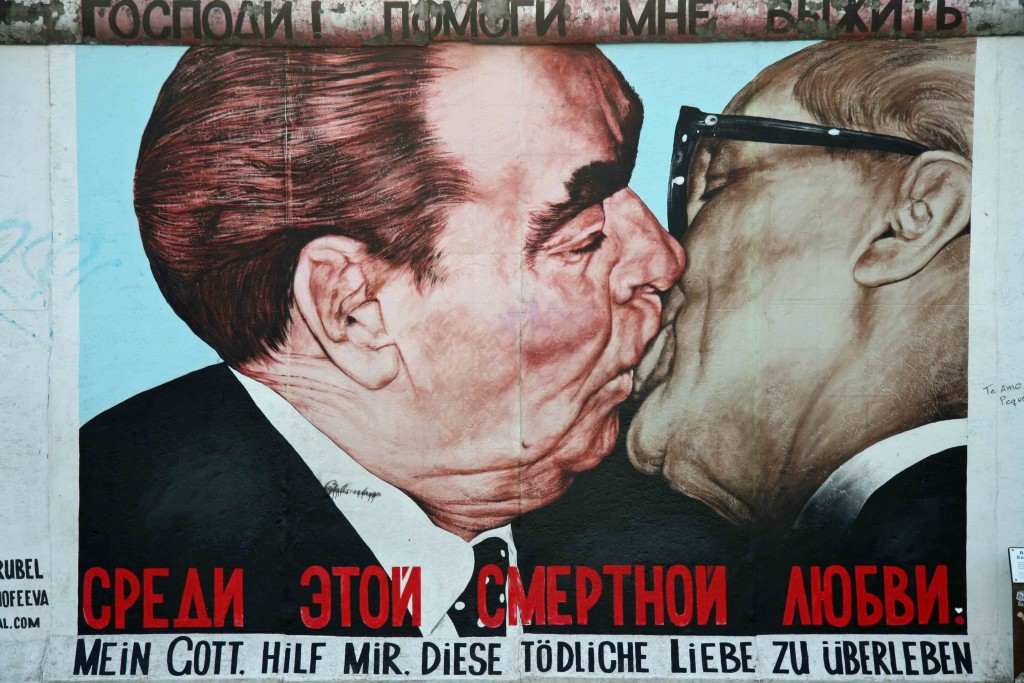 Dmitri Vrubel - Fraternal Kiss (Brezhnev and Honecker embrace) - one of the paintings on the Berlin Wall at the East Side Gallery