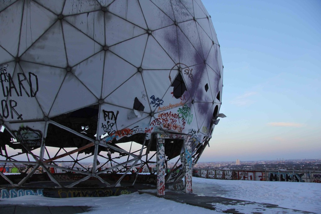 A dome on the roof and the view from the former NSA Listening Station at Teufelsberg in Berlin