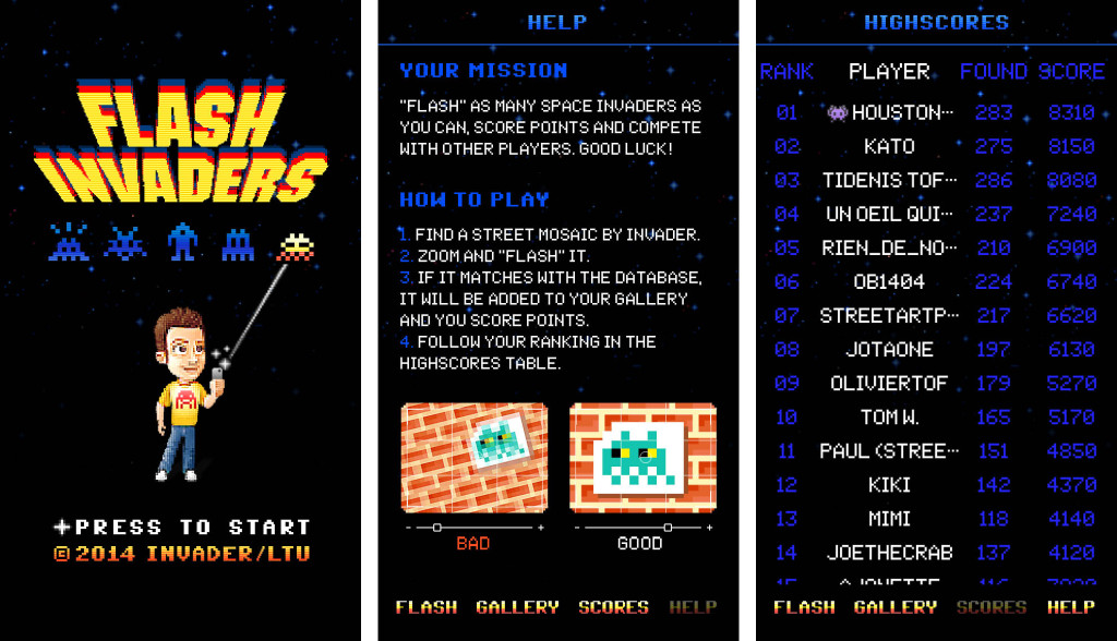 Screenshots from the FlashInvaders app from Street Artist Invader