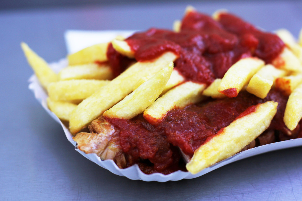 Close up of Currywurst and Chips at Zur Bratpfanne in Berlin