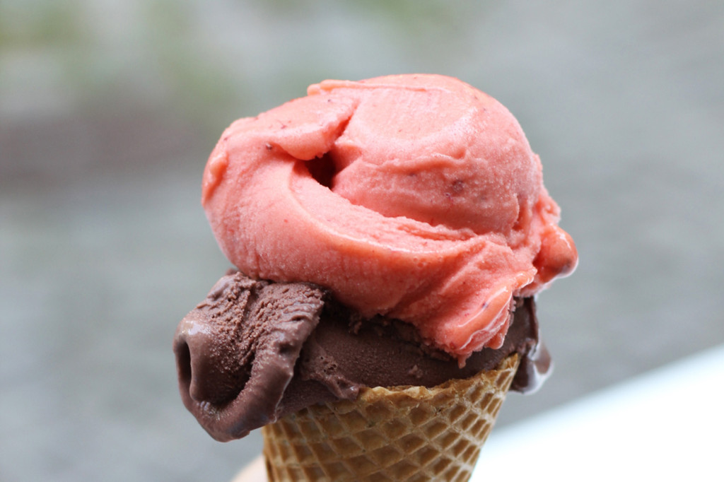 Strawberry and Chocolate Ice Cream Cone Close Up at Gelateria Mos Eisley Berlin