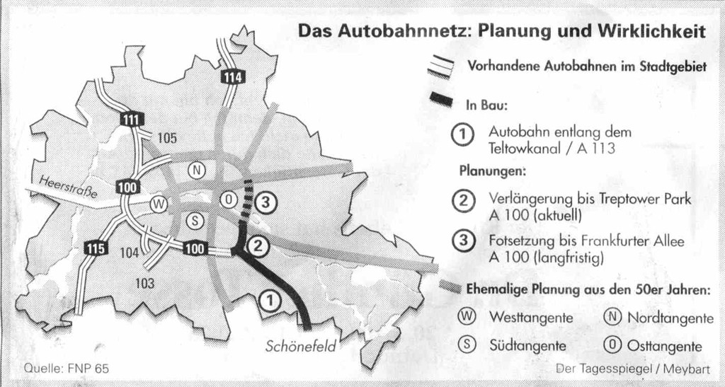 Der Autobahnplan für Berlin aus dem Flächennutzungsplan 65 für West Berlin, inklusive die geplante Route der verlassenen Autobahnverlängerung der Westtangente