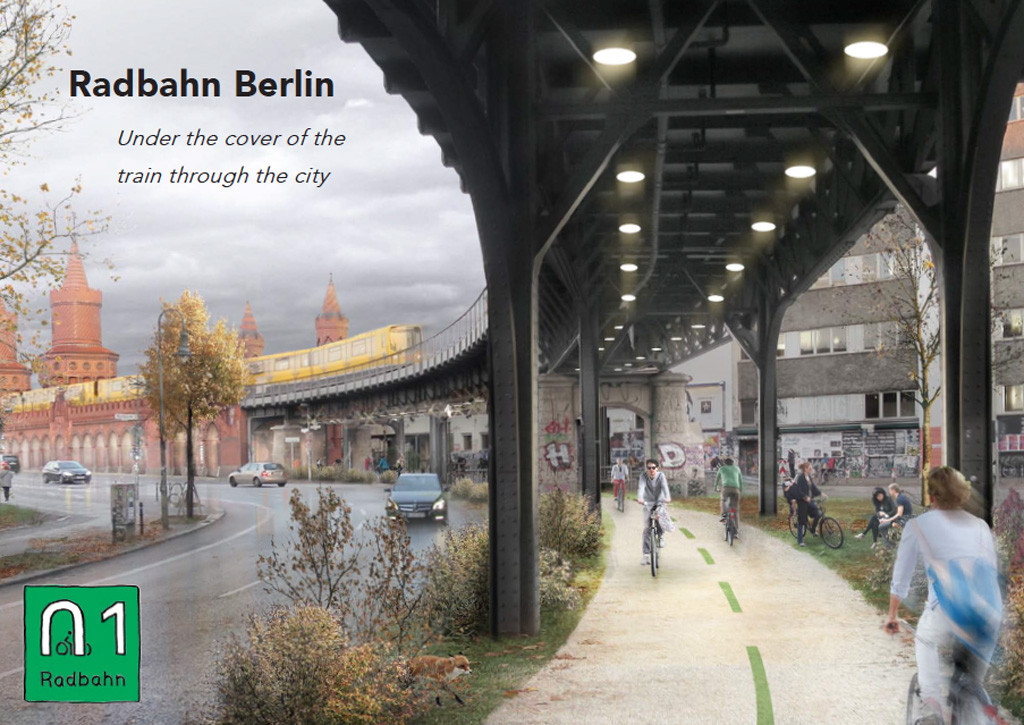 A mock up for the design cycle path near the Oberbaumbrücke on the Radbahn Berlin, a proposed 9km long cycle path under the elevated sections of the U1 underground line from Charlottenburg to Friedrichshain.