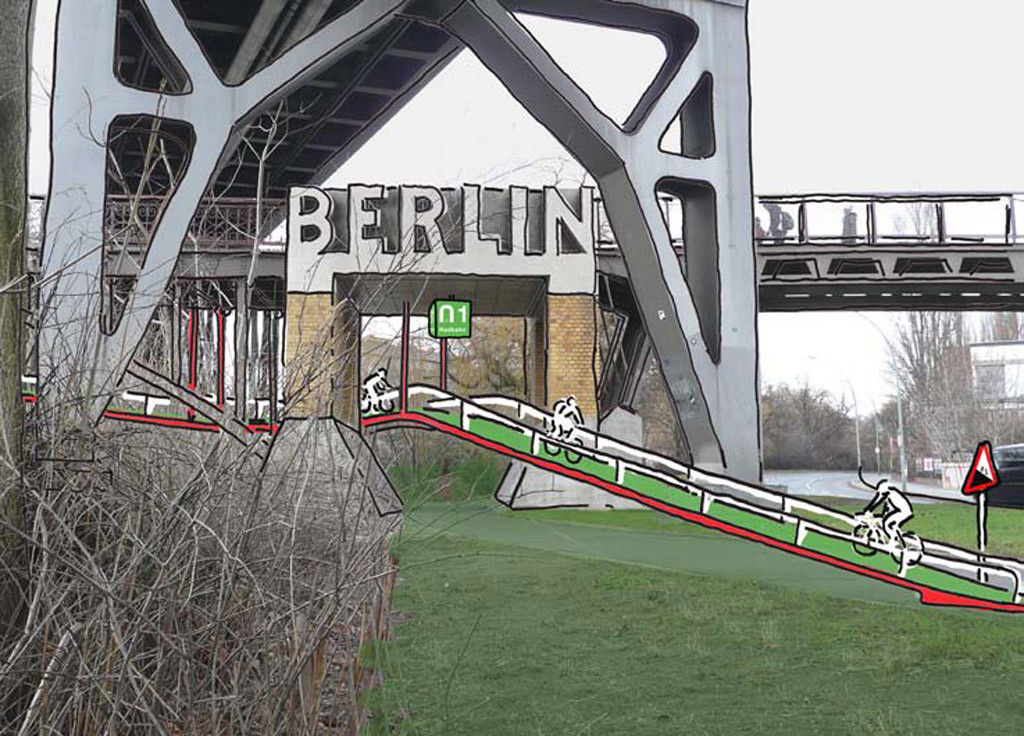 A mock up for the design of the cycle path near Deutsches Technikmuseum on the Radbahn Berlin, a proposed 9km long cycle path under the elevated sections of the U1 underground line from Charlottenburg to Friedrichshain.