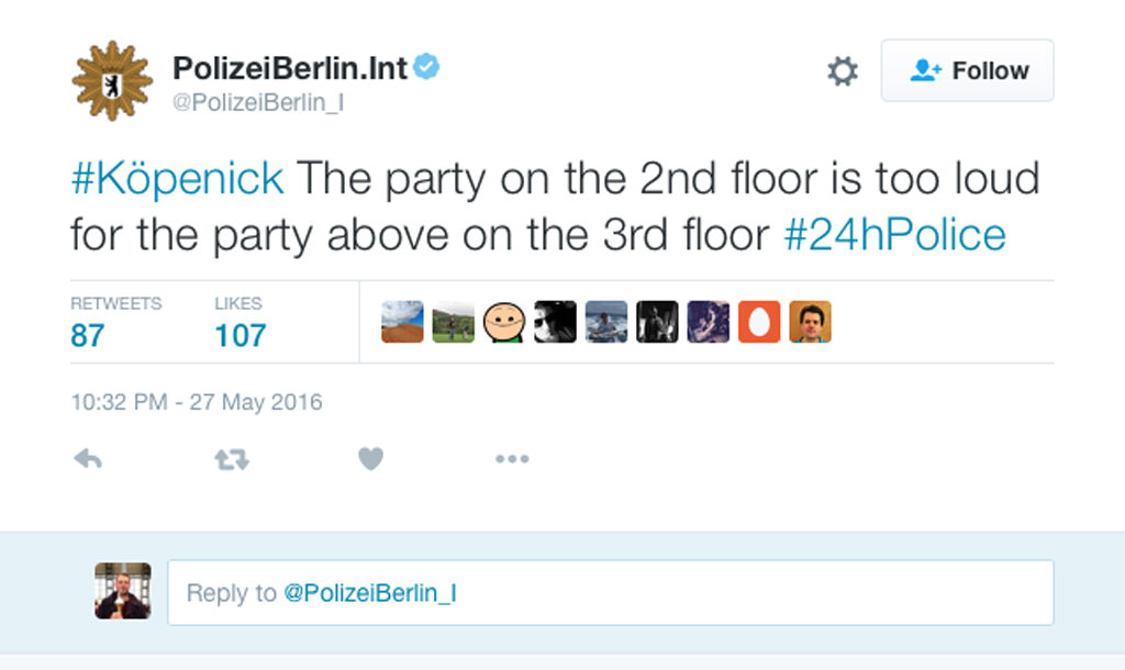 Berlin Police Twitter Marathon 2016 - Berlin Police live tweet for 24 hours the situations and call they deal with including the most Dit is Berlin (that's Berlin) moment - #Köpenick The party on the 2nd floor is too loud for the party above on the 3rd floor #24hPolice