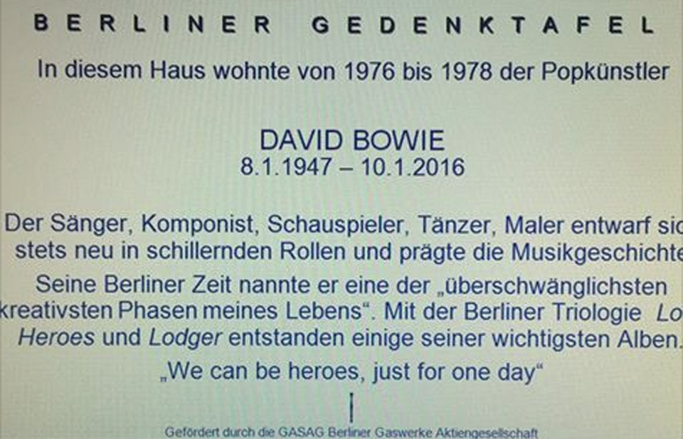A mock up for the text of the David Bowie Memorial Plaque to be installed at Hauptsrasse 155 in Berlin Schöneberg in August 2016