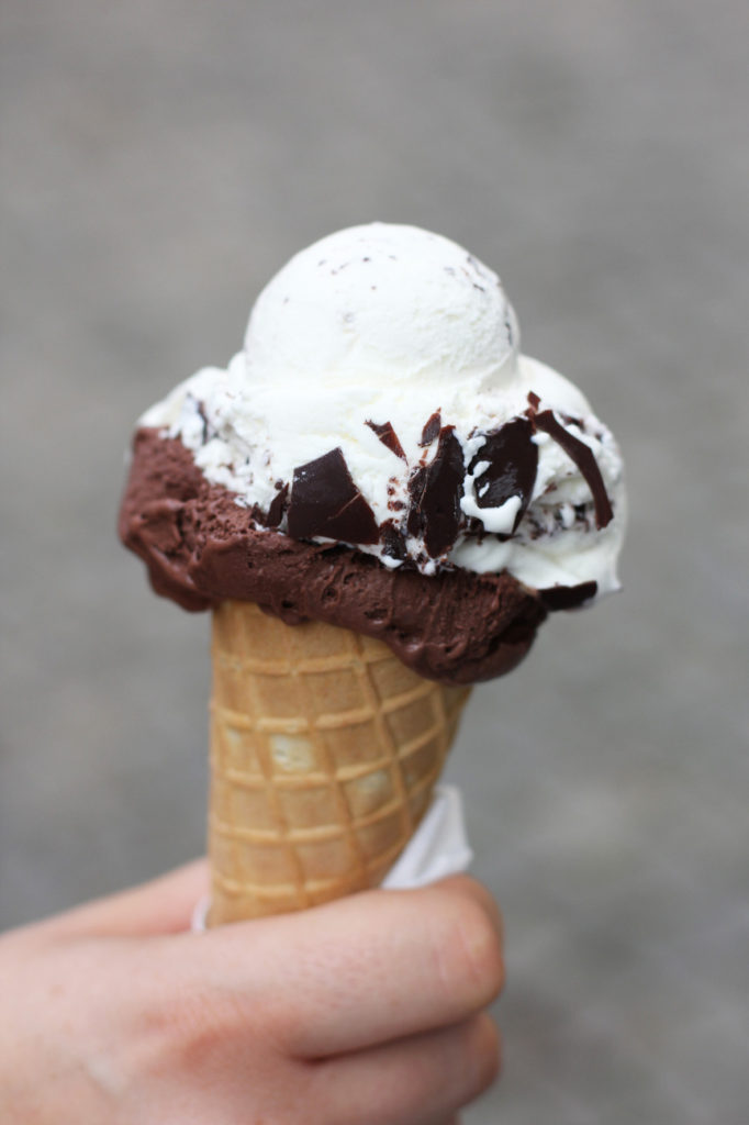 Stracciatella and Chocolate Ice Cream cone at Anna Durkes ice cream shop in Berlin