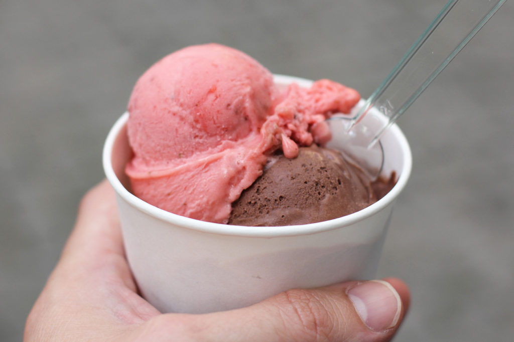 Strawberry and Chocolate Ice Cream in a pot at Anna Durkes ice cream shop in Berlin