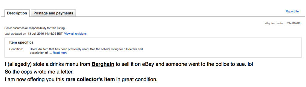 Berghain Drinks Menu Theft Police Letter on eBay Description