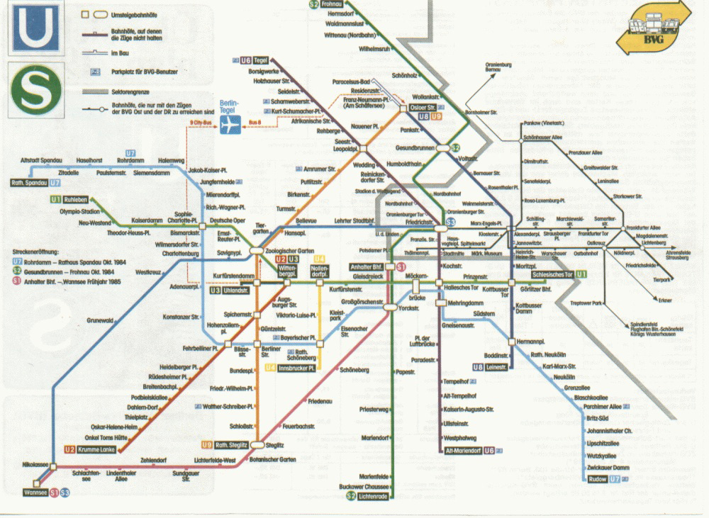 BVG S-Bahn and U-Bahn Map from 1984 showing the Berlin wall (grey) cutting across the S-Bahn line S2 (green)