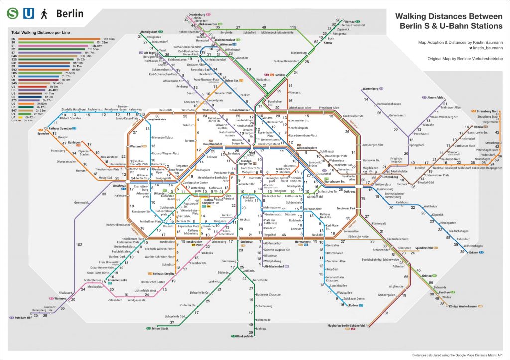 S- & U-Bahn Walking Map by Kristin Baumann - a Berlin S- & U-Bahn network map (overground and underground trains), which shows the walking time between stations on Berlin’s public transport network