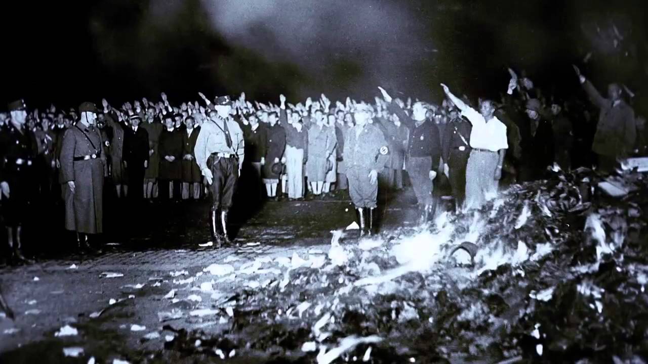 The Nazi book burning on Bebelplatz (then Opernplatz) in Berlin in 1933 - Screenshot from Nazi Book Burning, a short documentary from the United States Holocaust Memorial Museum on YouTube