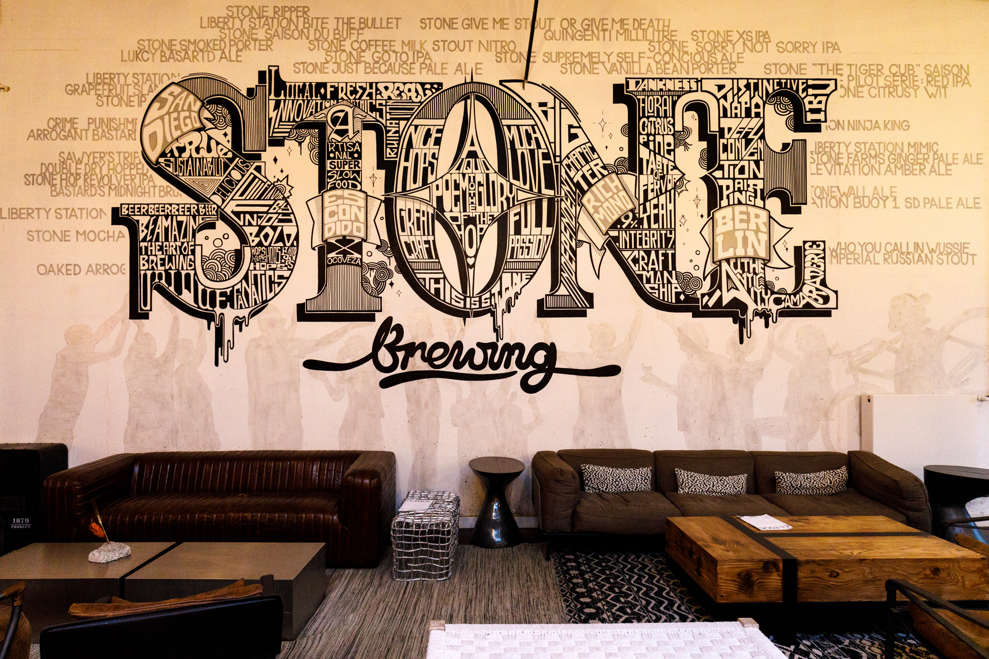 Feature wall at Stone Brewing Berlin, the European headquarters of the US craft brewer in the former Marienfedorf gasworks