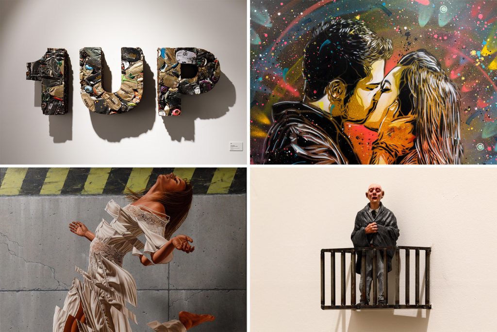 Eine Collage mit Details aus Kunstwerken von 1UP, C215, James Bullough und Isaac Cordal im Urban Nation Museum for Urban Contemporary Art in Berlin