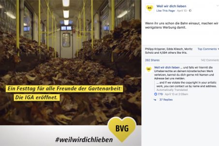 BVG Facebook Post promoting the opening of the IGA (the International Garden Exhibition) using an image from the TOY Crew video Leaf the Train
