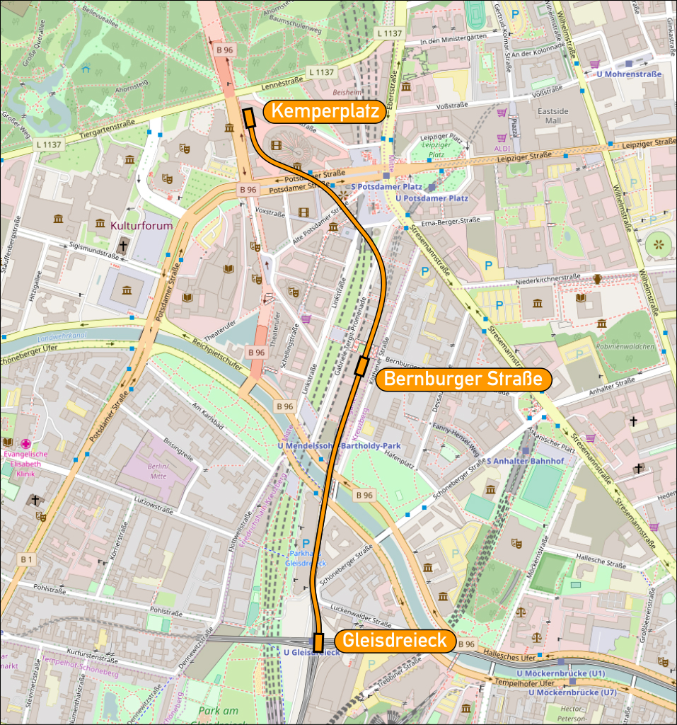 A map showing the route of the Berlin M-Bahn