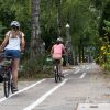 Cyclists on the zig zag cycle path in Berlin Zehlendorf